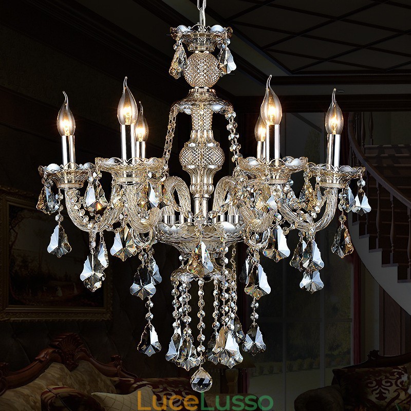 Lampadario moderno in cristallo K9 color cognac retrò a 6 luci