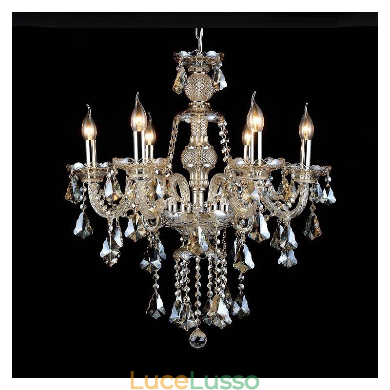 Lampadario moderno in cristallo K9 color cognac retrò a 6 luci