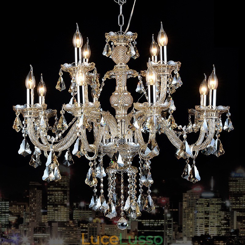 Lampadario moderno in cristallo K9 color cognac retrò da 12 luci