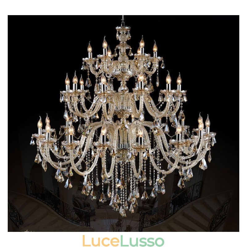 Lampadario moderno di lusso in cristallo K9 color cognac retrò a 3 livelli extra large