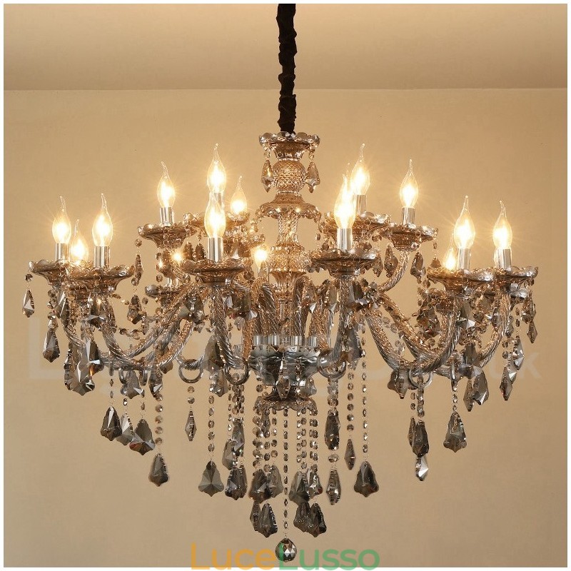 Lampadario grande con candela di cristallo K9 di colore grigio retrò da 18 luci