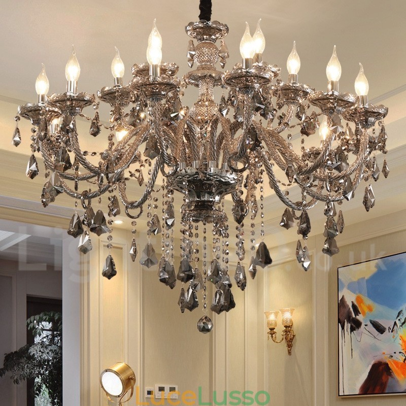 Lampadario grande con candela di cristallo K9 di colore grigio retrò da 18 luci