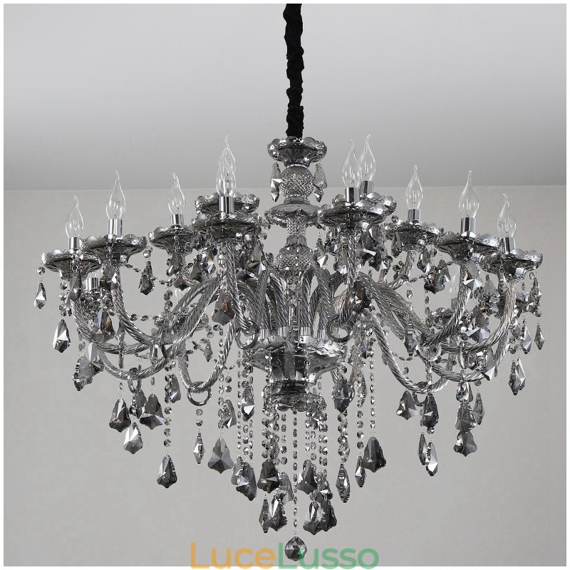 Lampadario grande con candela di cristallo K9 di colore grigio retrò da 18 luci