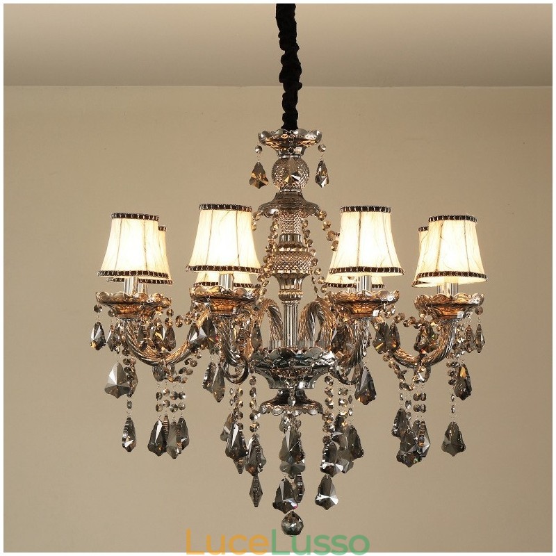 Lampadario a candela in cristallo K9 di colore grigio retrò a 8 luci