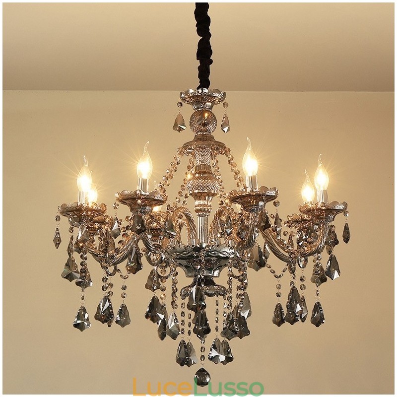 Lampadario a candela in cristallo K9 di colore grigio retrò a 8 luci