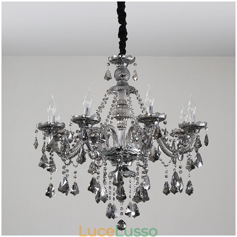 Lampadario a candela in cristallo K9 di colore grigio retrò a 8 luci