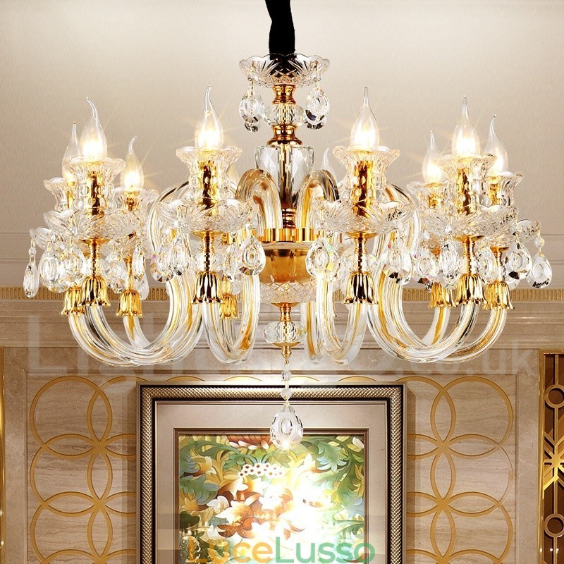 Lampadario a candela in cristallo trasparente K9 color oro retrò