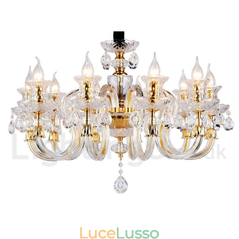 Lampadario a candela in cristallo trasparente K9 color oro retrò