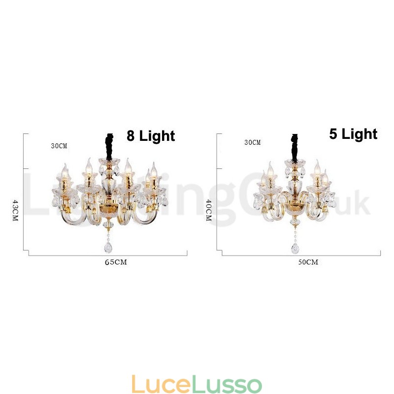 Lampadario a candela in cristallo trasparente K9 color oro retrò