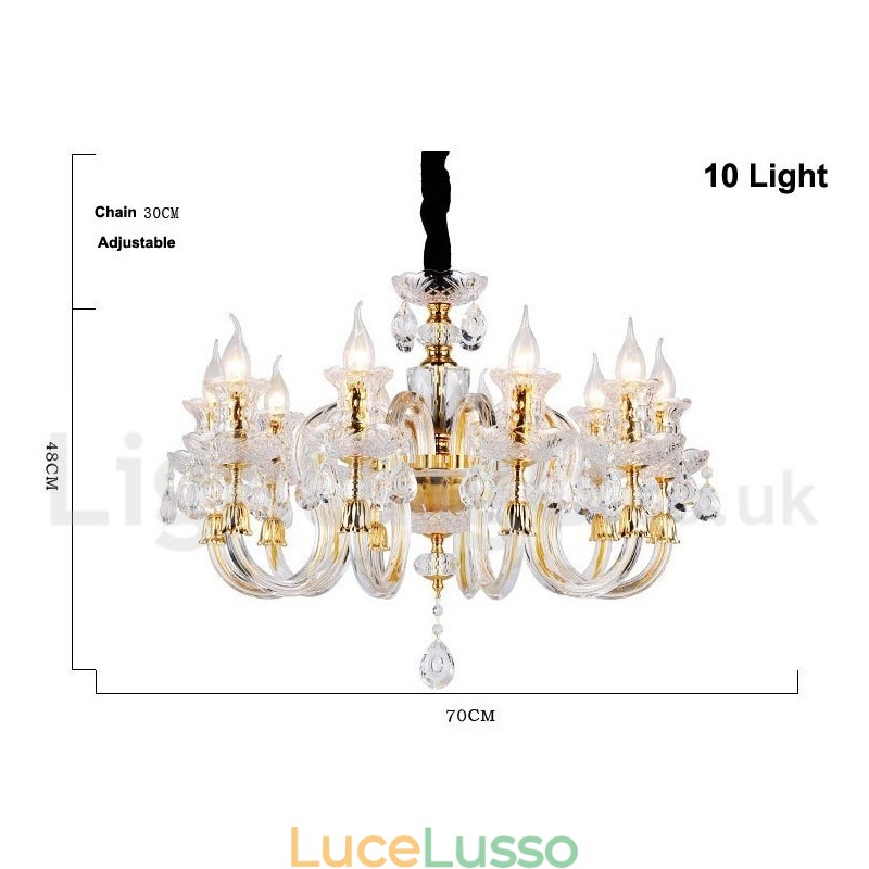 Lampadario a candela in cristallo trasparente K9 color oro retrò