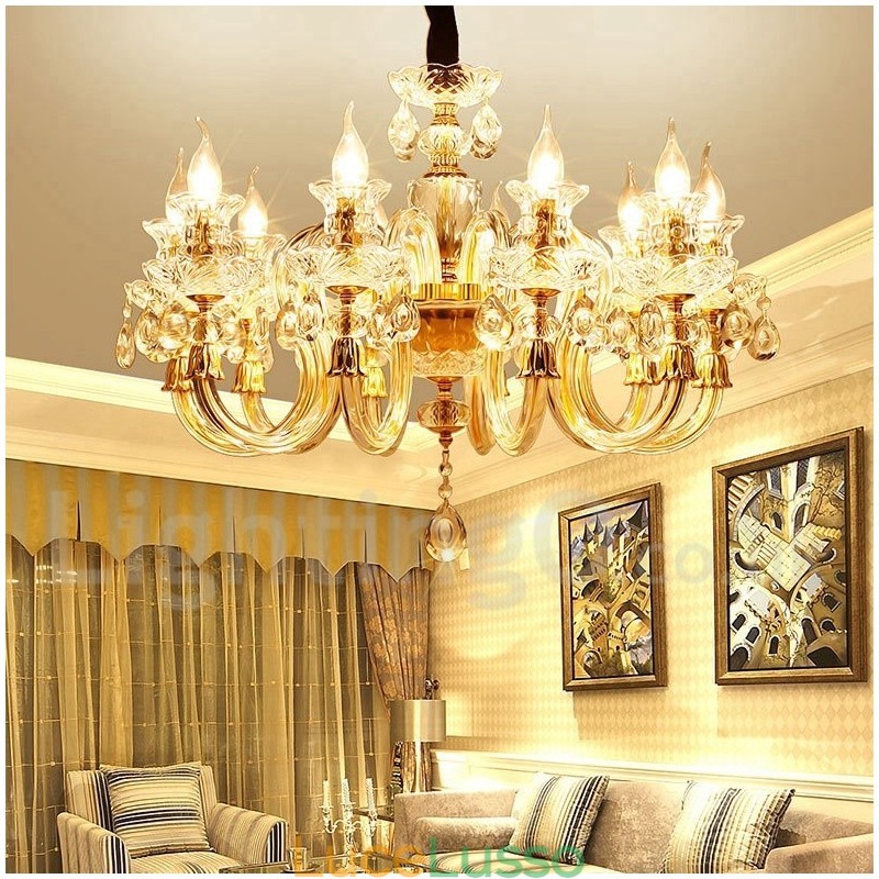 Lampadario a candela in cristallo trasparente K9 color oro retrò