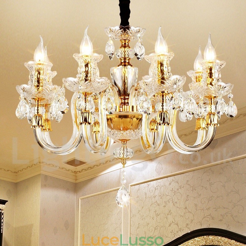 Lampadario a candela in cristallo trasparente K9 color oro retrò