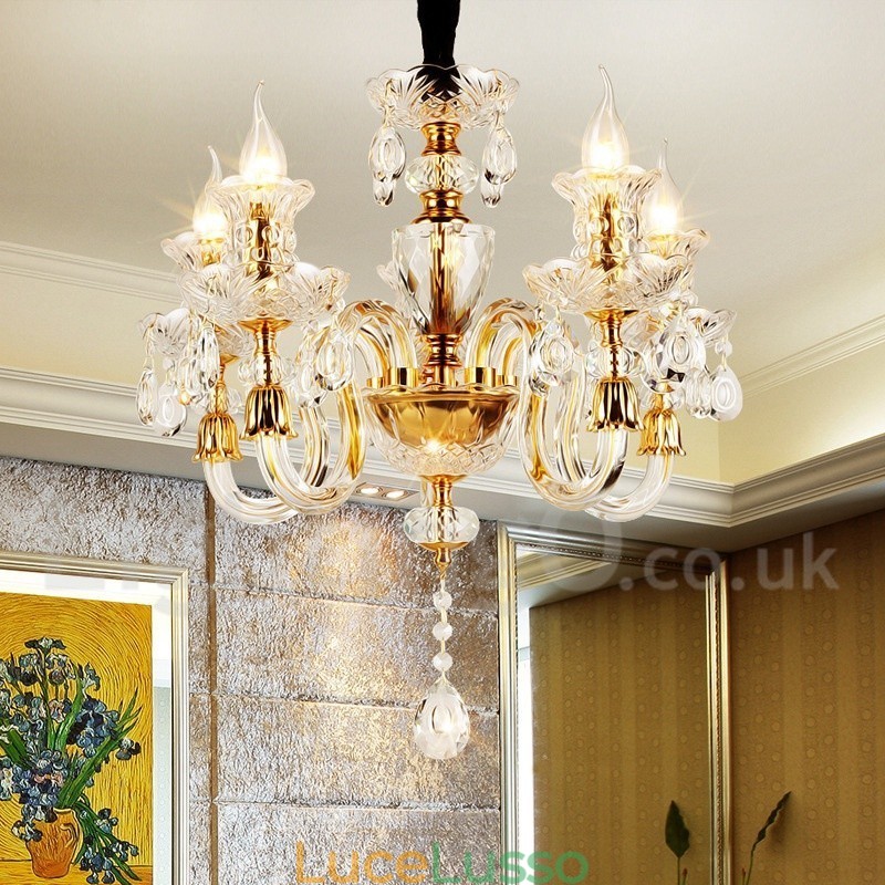Lampadario a candela in cristallo trasparente K9 color oro retrò