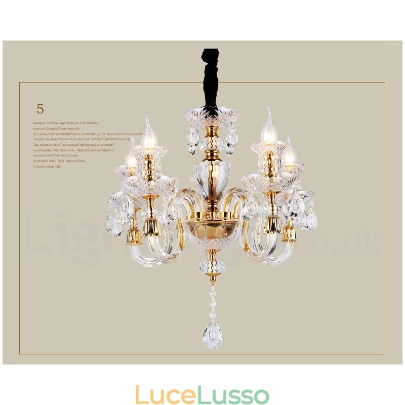 Lampadario a candela in cristallo trasparente K9 color oro retrò