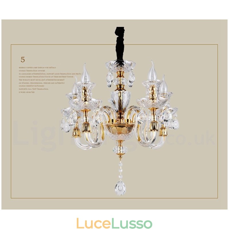 Lampadario a candela in cristallo trasparente K9 color oro retrò