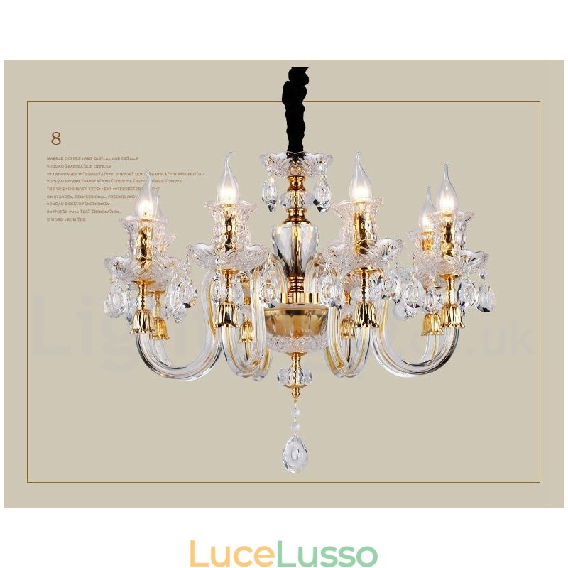 Lampadario a candela in cristallo trasparente K9 color oro retrò