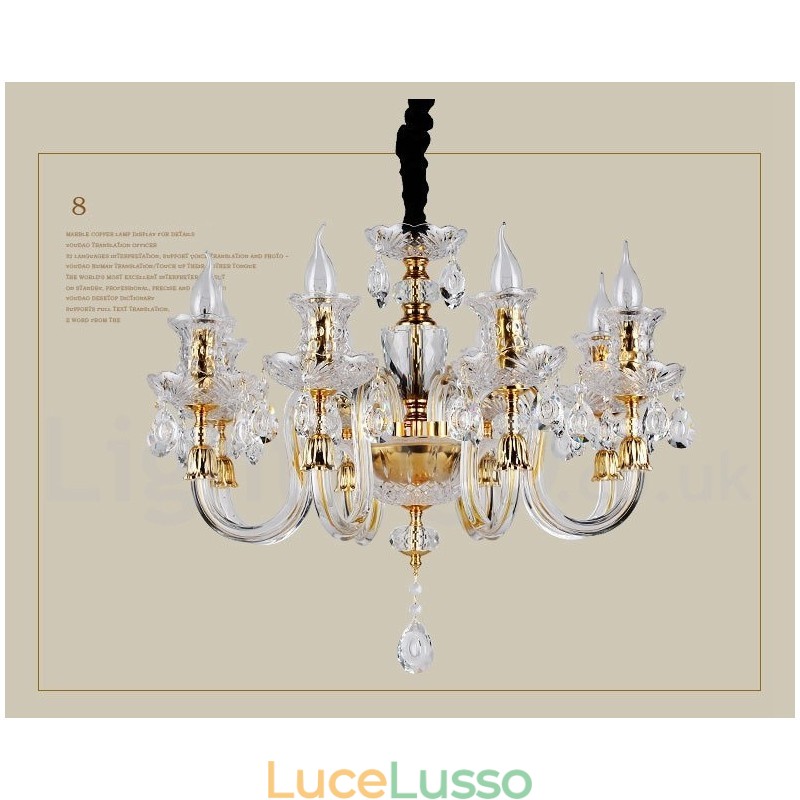 Lampadario a candela in cristallo trasparente K9 color oro retrò