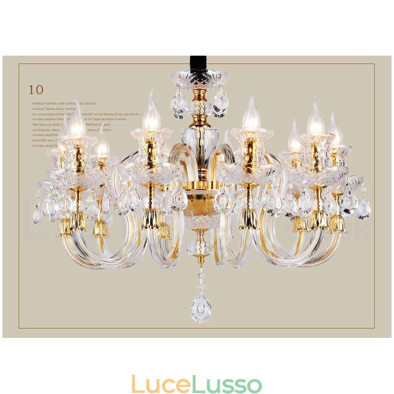 Lampadario a candela in cristallo trasparente K9 color oro retrò