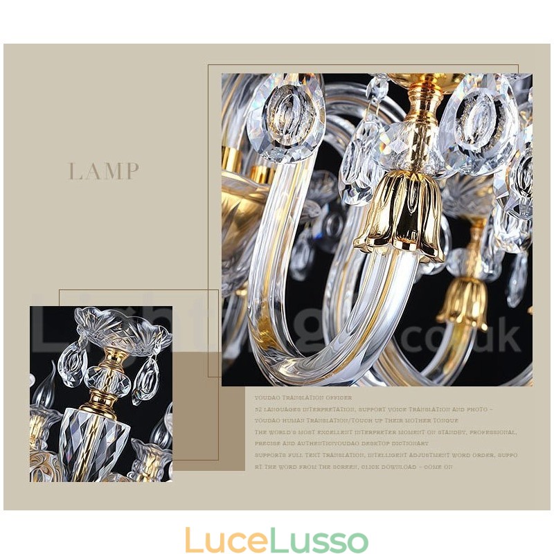 Lampadario a candela in cristallo trasparente K9 color oro retrò