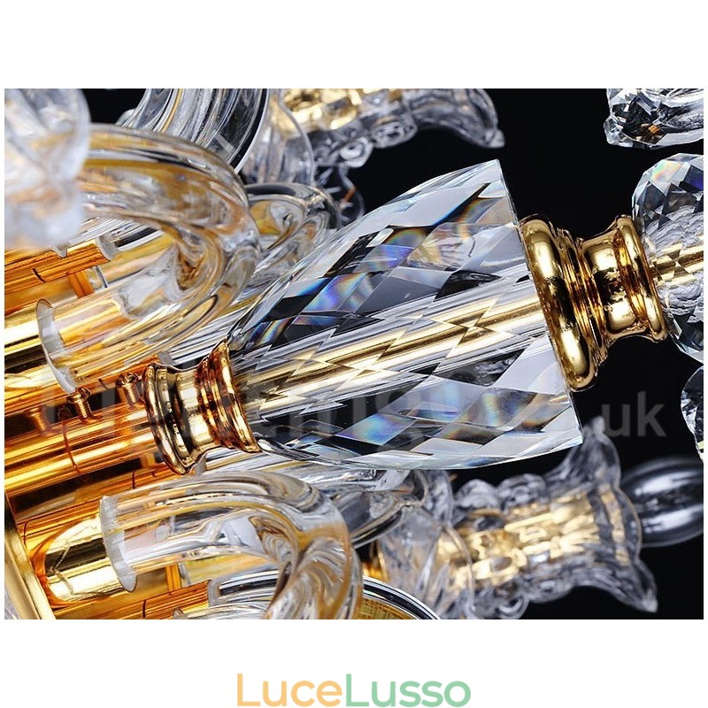 Lampadario a candela in cristallo trasparente K9 color oro retrò