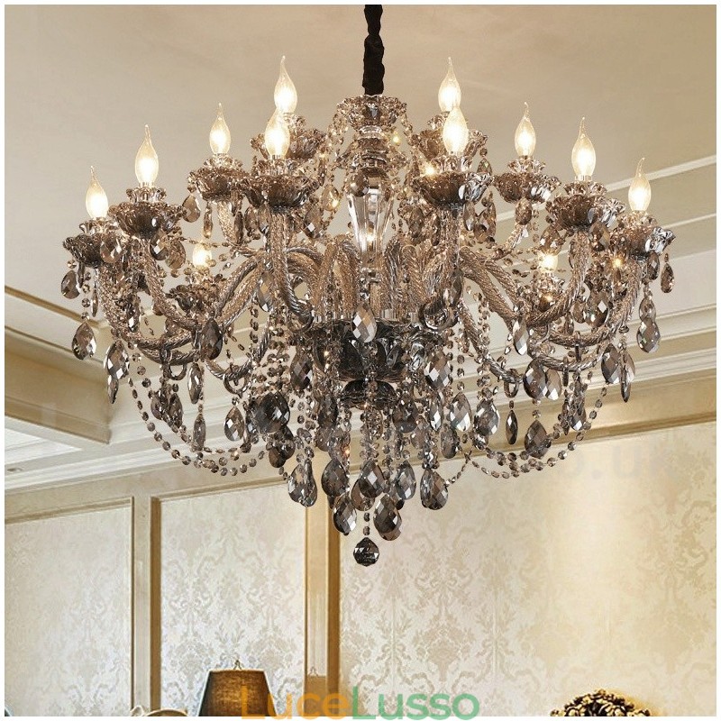 Lampadario grande con candela di cristallo K9 di colore grigio retrò da 18 luci