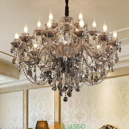 Lampadario grande con candela di cristallo K9 di colore grigio retrò da 18 luci Lampadario grande con candela di cristallo K9 di colore grigio retrò da 18 luci