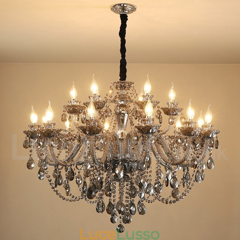 Lampadario grande con candela di cristallo K9 di colore grigio retrò da 18 luci