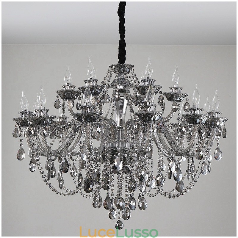 Lampadario grande con candela di cristallo K9 di colore grigio retrò da 18 luci