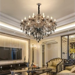 Lampadario grande con candela di cristallo K9 di colore grigio retrò da 18 luci