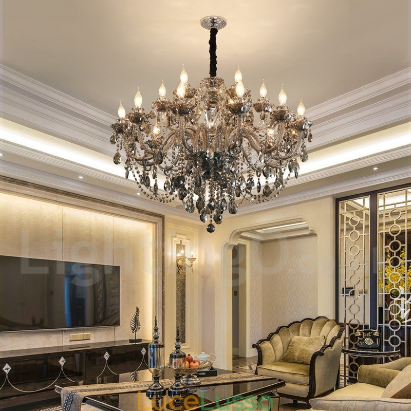 Lampadario grande con candela di cristallo K9 di colore grigio retrò da 18 luci