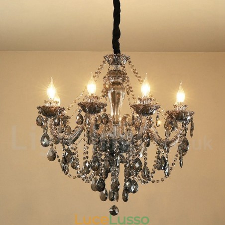 Lampadario grande con candela di cristallo K9 di colore grigio retrò a 8 luci Lampadario grande con candela di cristallo K9 di colore grigio retrò a 8 luci
