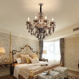 Lampadario grande con candela di cristallo K9 di colore grigio retrò a 8 luci