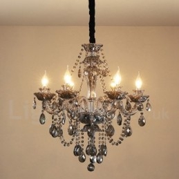 Lampadario grande con candela di cristallo K9 di colore grigio retrò a 6 luci