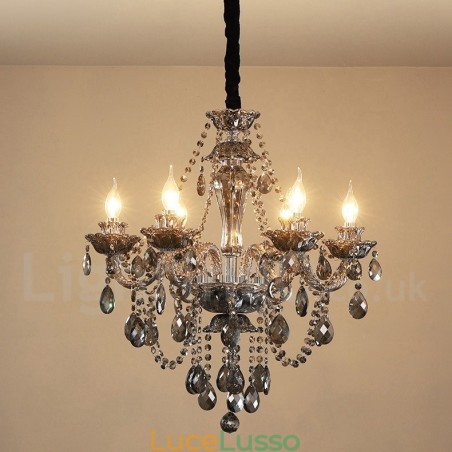 Lampadario grande con candela di cristallo K9 di colore grigio retrò a 6 luci Lampadario grande con candela di cristallo K9 di colore grigio retrò a 6 luci