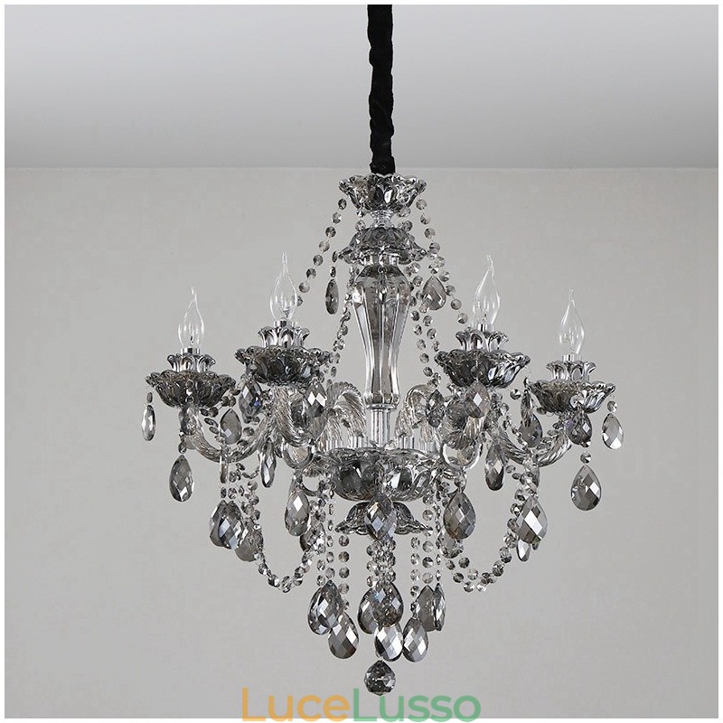 Lampadario grande con candela di cristallo K9 di colore grigio retrò a 6 luci