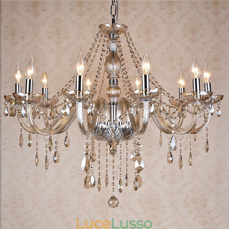 Lampadario in cristallo K9 grande con paralumi color cognac
