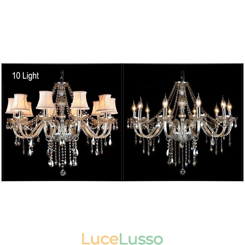 Lampadario in cristallo K9 grande con paralumi color cognac