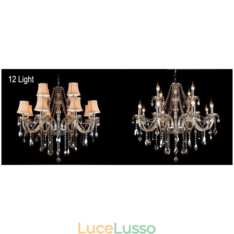 Lampadario in cristallo K9 grande con paralumi color cognac