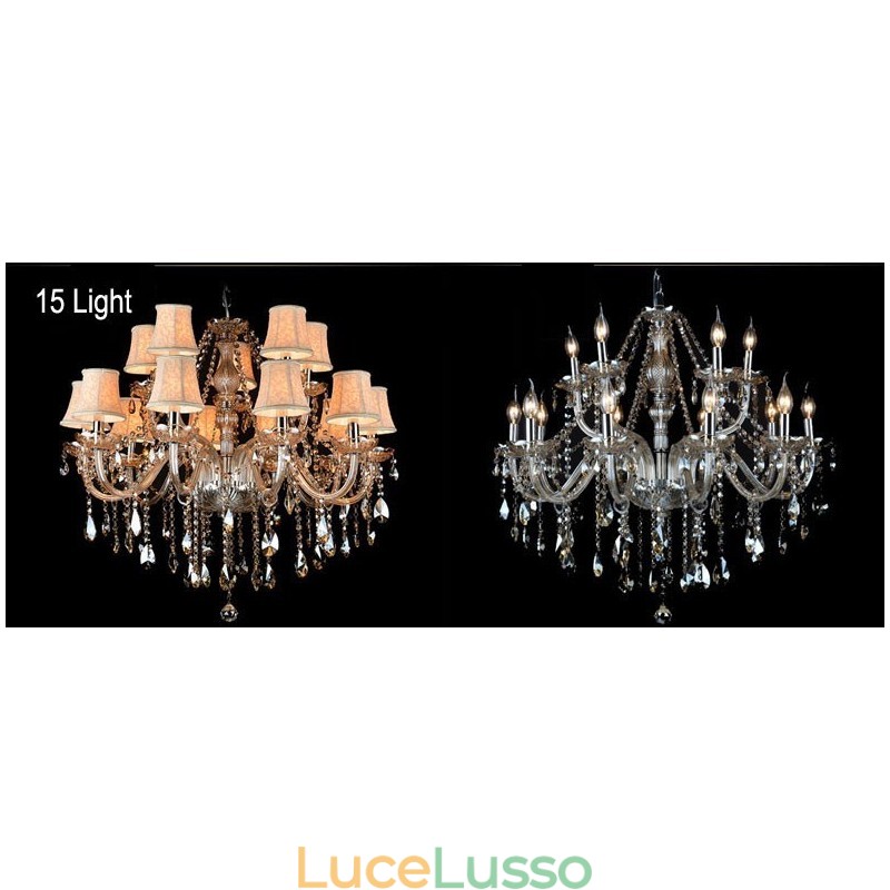 Lampadario in cristallo K9 grande con paralumi color cognac