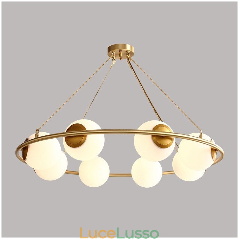 Lampadario rotondo rustico in ottone puro con paralumi bianchi