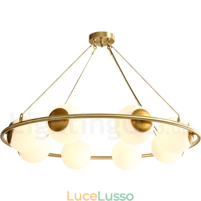 Lampadario rotondo rustico in ottone puro con paralumi bianchi