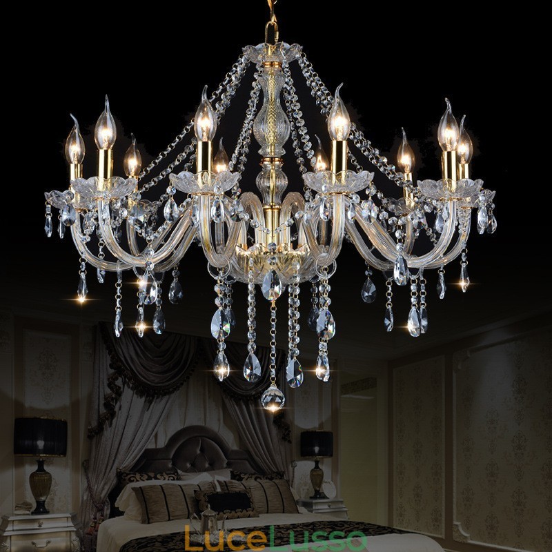 Lampadario di cristallo K9 grande con paralumi color oro