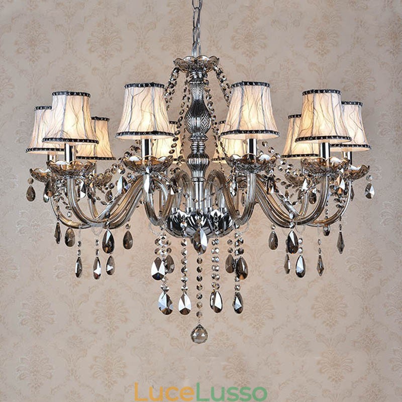 Lampadario di cristallo K9 grande con paralumi color grigio