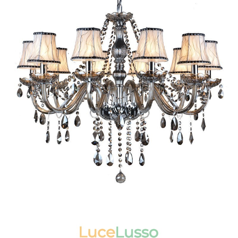Lampadario di cristallo K9 grande con paralumi color grigio