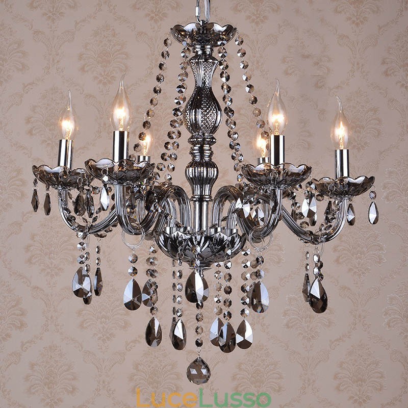 Lampadario di cristallo K9 grande con paralumi color grigio