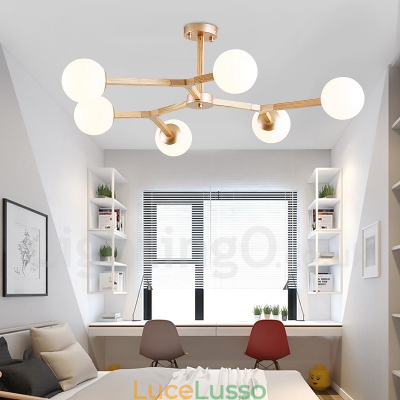 Lampadario molecolare in legno moderno nordico Magic Bean Wood con paralumi in vetro