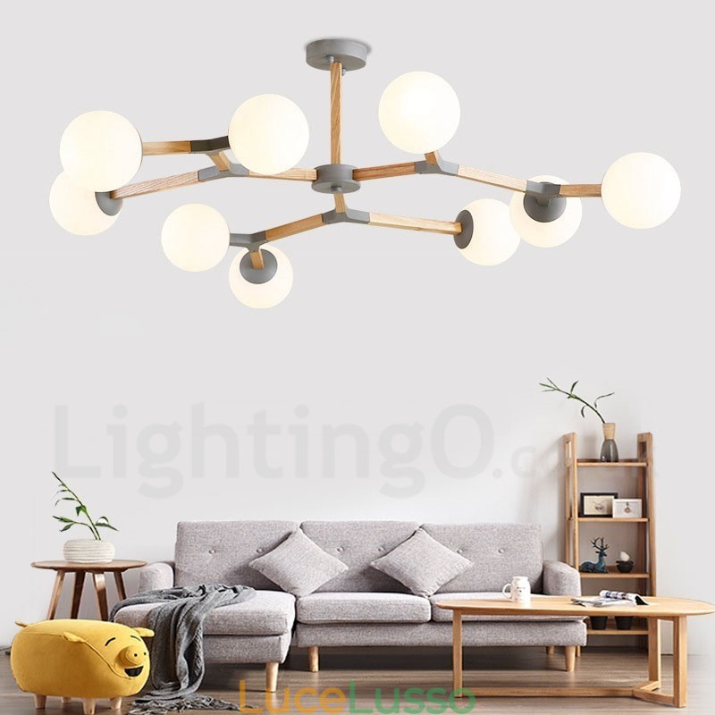 Lampadario molecolare in legno moderno nordico Magic Bean Wood con paralumi in vetro