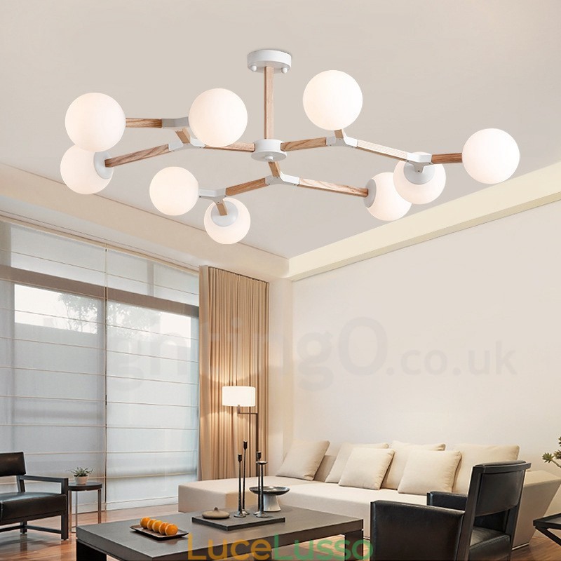 Lampadario molecolare in legno moderno nordico Magic Bean Wood con paralumi in vetro