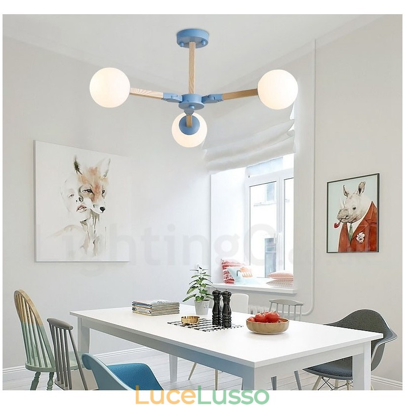 Lampadario molecolare in legno moderno nordico Magic Bean Wood con paralumi in vetro