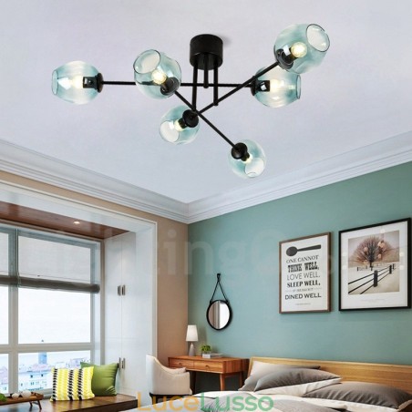 Lampadario rustico in acciaio inossidabile a 6 luci con paralumi in vetro trasparente o blu Lampadario rustico in acciaio inossidabile a 6 luci con paralumi in vetro trasparente o blu